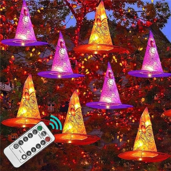 Halloween Decor Lights, 8 PCS Waterproof Hanging Witch Hat...